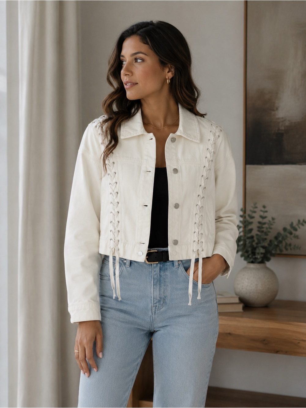 Forever 21 Cream Lace-Up Cropped Jean Jacket
